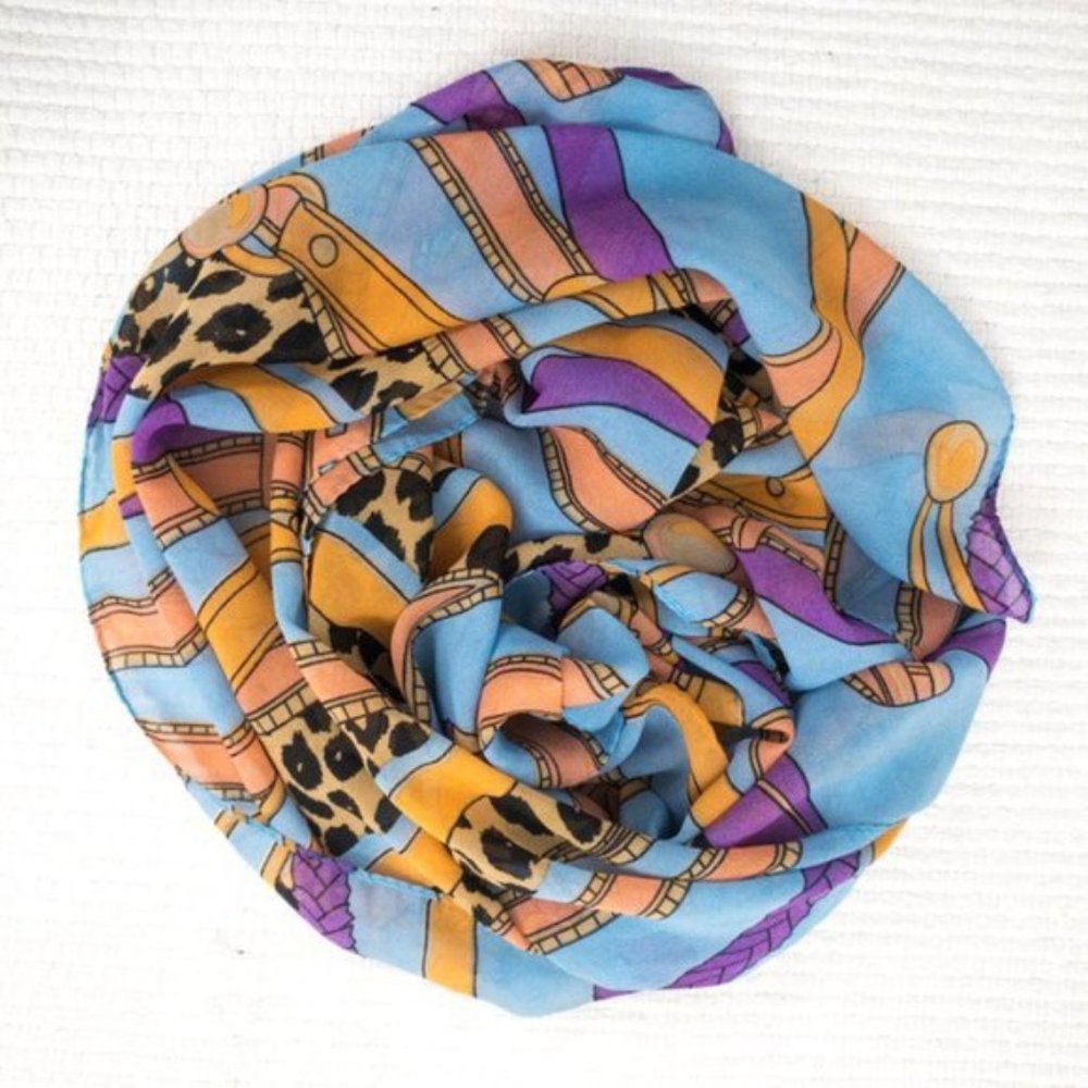 Vintage Scarf 80s 90s OS Silk Chiffon Fashion Graphic Print Blue - Picture 4 of 12
